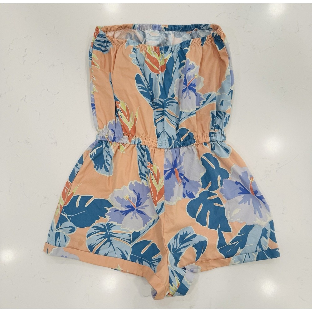 Kimchi Blue Strapless Tropical Floral Romper w/ Pockets Elastic Waist Women S